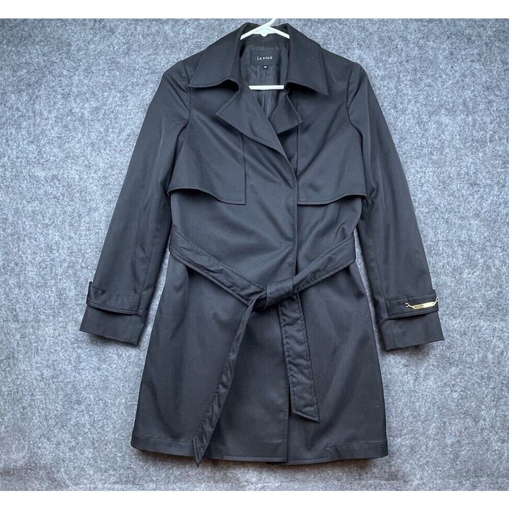 Le Souk Trench Coat Womens 36 Small Black Belted Vented Luxury‎ Runway Jacket